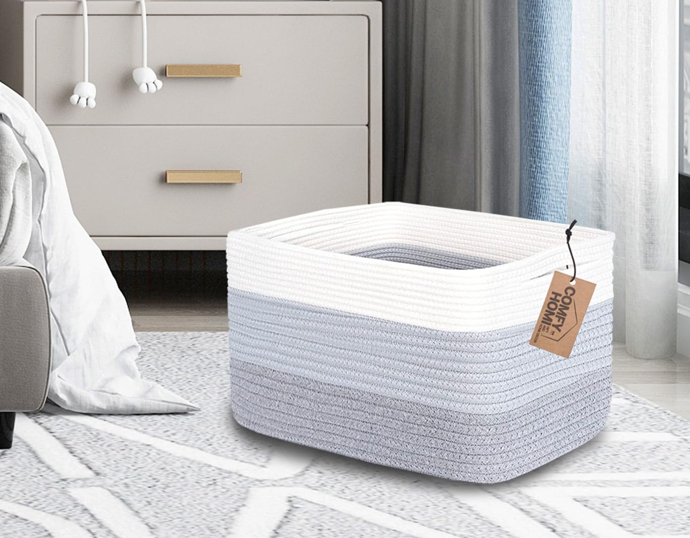 Comfy-Homi Cotton Rope Woven Basket With Handles For Shelves,Toys,Book, Cloth Storage Baskets Bin For Organizing-13.5'X11'X9.5' Toy Decorative Organizer For Living Room, Bathroom-White/3Tone Grey